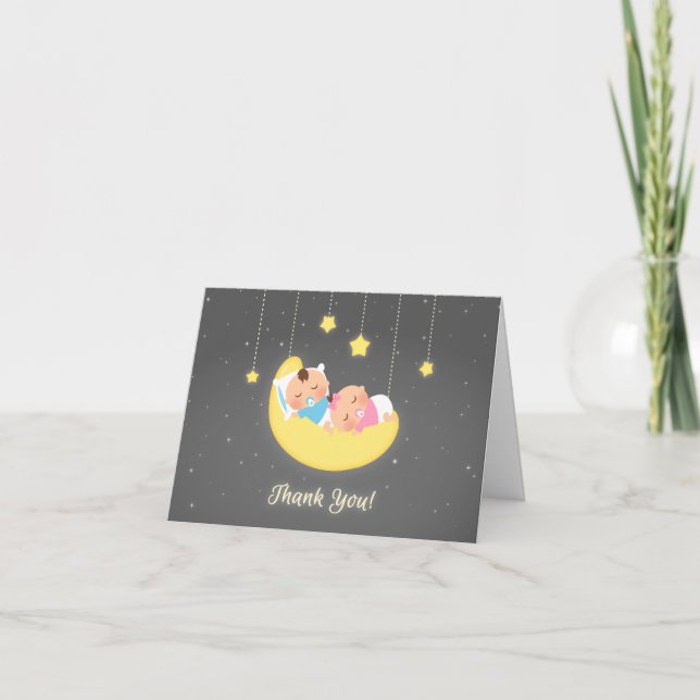 Twin Boy and Girl on Moon Baby Carte de remercieme (Devant)