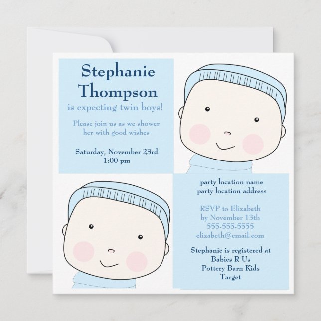 Twin Boy Blue Blocks Baby shower Invitation (Devant)