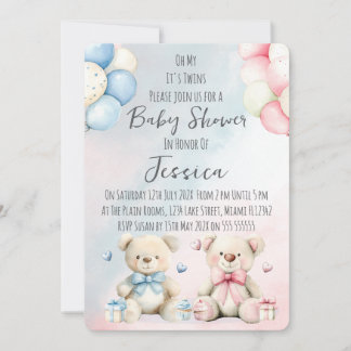 Twin Boy & Girl Bear Baby Shower Invitation