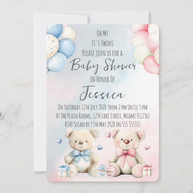 Twin Boy & Girl Bear Baby Shower Invitation (Devant)
