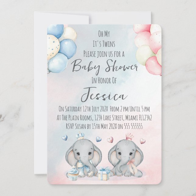 Twin Boy & Girl Elephant  Baby Shower Invitation (Devant)