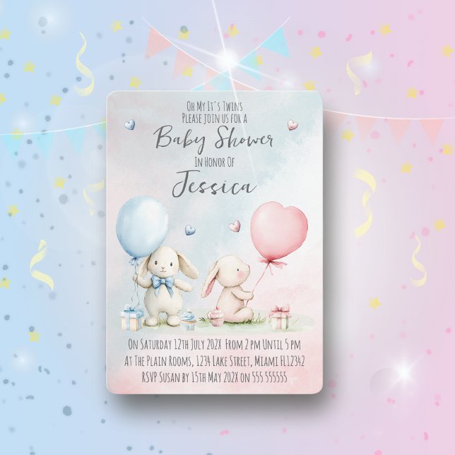 Twin Boy & Girl Rabbit Baby Shower Invitation (Créateur téléchargé)