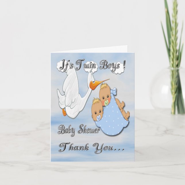 Twin Boys Blonde Stork Baby shower Carte de remerc (Devant)