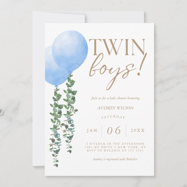Twin Boys Blue Balloon Baby Boys Shower Invitation (Devant)