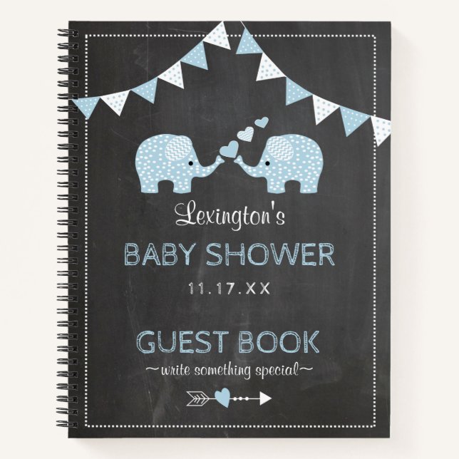 Twin Boys Blue Elephants Baby shower Livre d'or | (Devant)