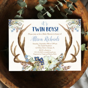 Twin boys cerfs bois baby shower invitation