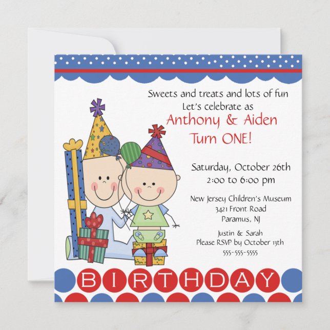 Twin Boys Stick Figure Twins Invitation d'annivers (Devant)