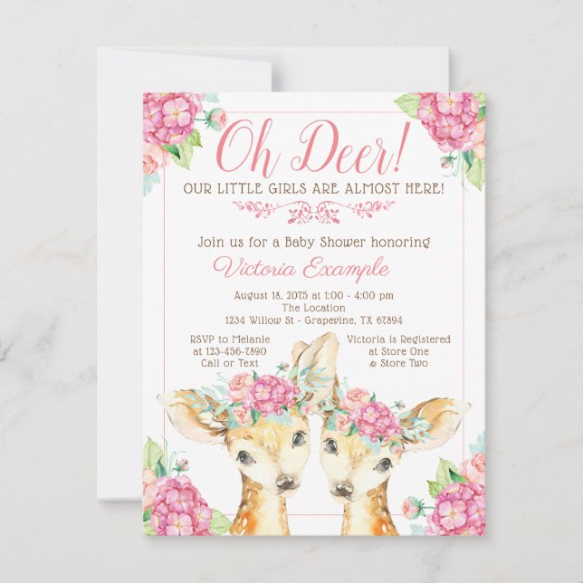 Twin Girl Deer Baby Shower Invitations (Devant)