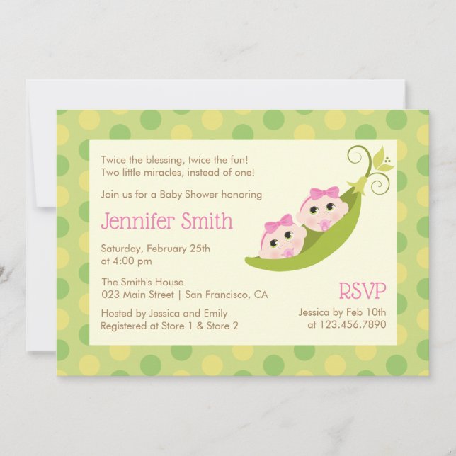 Twin Girls Baby shower Invitation 2 Pois Dans Une  (Devant)