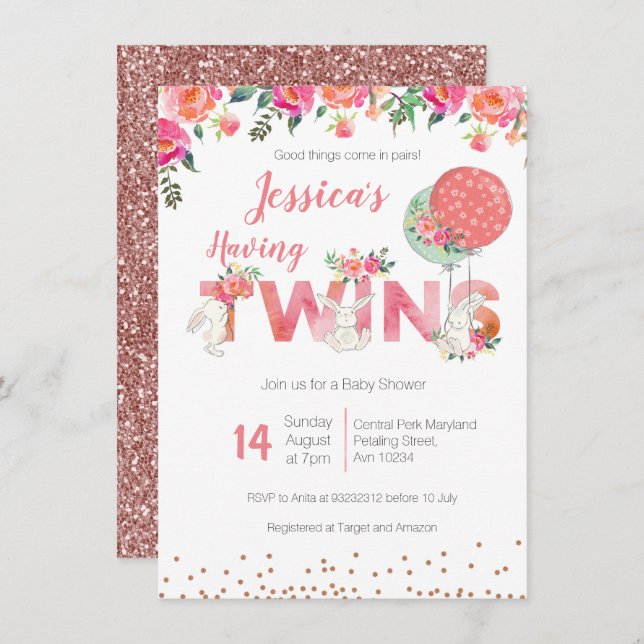 Twin Girls Baby Shower Invitations (Devant / Derrière)