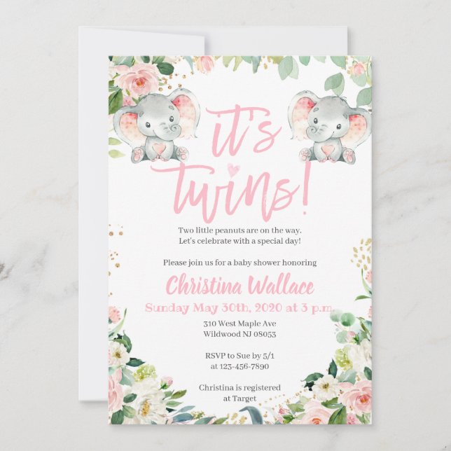 Twin Girls Baby Shower Invitations avec éléphants (Devant)