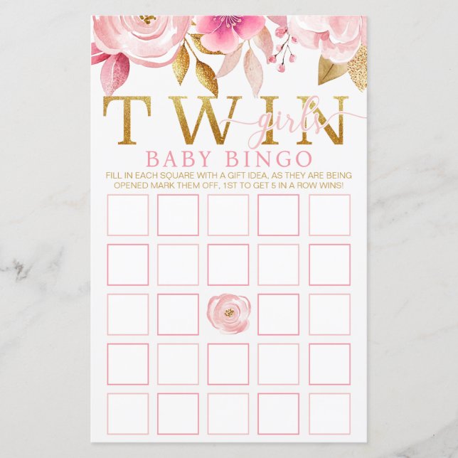 Twin Girls Baby shower Jeu de Bingo - Rose & Or (Devant)