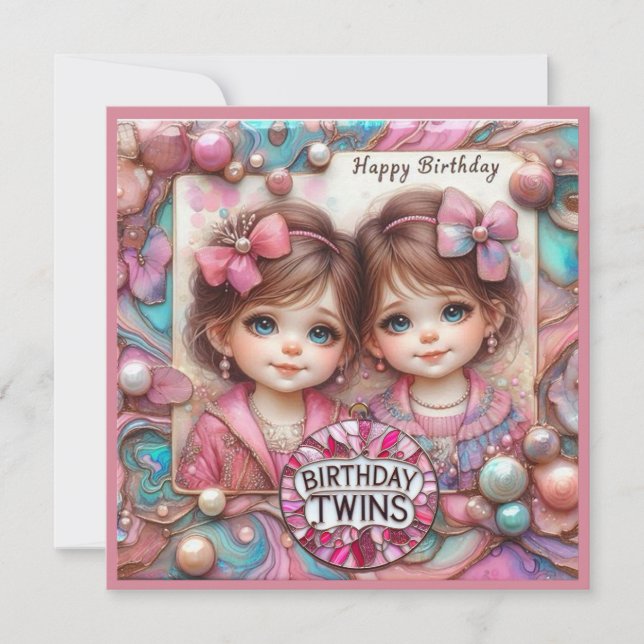 TWIN GIRLS Birday Card ~ jeunes enfants ~ Rose ~ (Devant)
