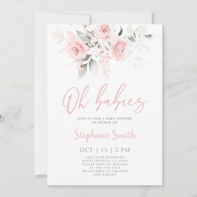 Twin Girls Blush Rose Baby shower Girl Invitation (Devant)