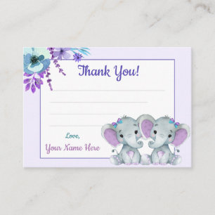 Twin Girls Carte de remerciements Elephant Purple 