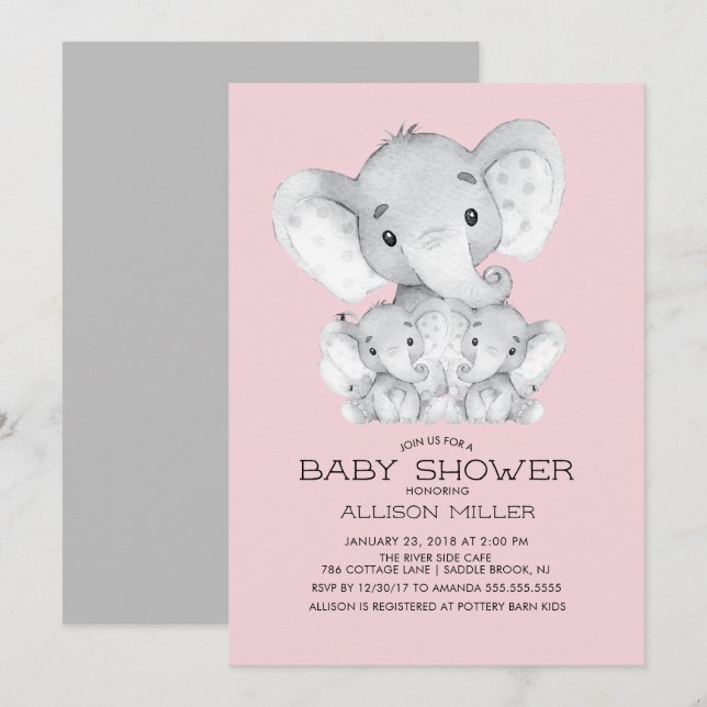 TWIN Girls Elephant baby shower Invitation (Devant / Derrière)