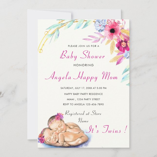 Twin Girls ! Invitation de Baby shower de cigogne  (Devant)