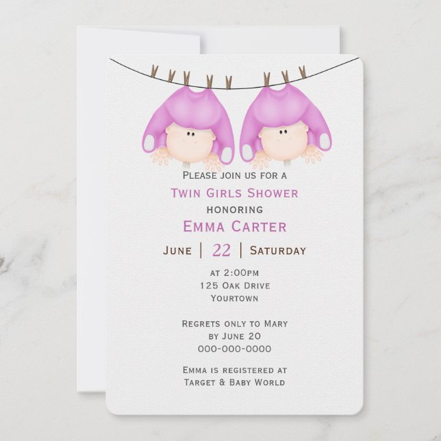 Twin Girls On Clothesline Baby shower Invitation (Devant)