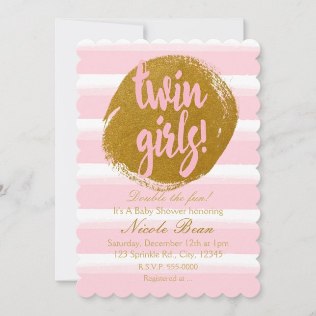 TWIN GIRLS Pink Gold Foil Aquarelle Invitation (Devant)