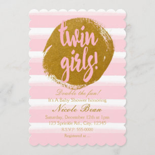 TWIN GIRLS Pink Gold Foil Aquarelle Invitation