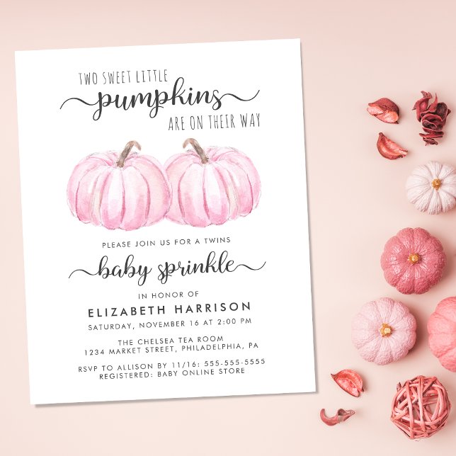Twin Girls Rose Citrouille Baby Sprinkle Invitatio (Celebrate the upcoming arrival of your autumn twin baby girls with a pumpkin-themed baby sprinkle)