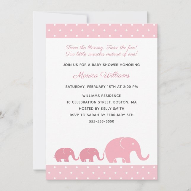 Twin Girls Rose Elephant Baby Shower Invitations (Devant)