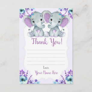 Twin Girls Thank You Cartes with Elephants Flowers