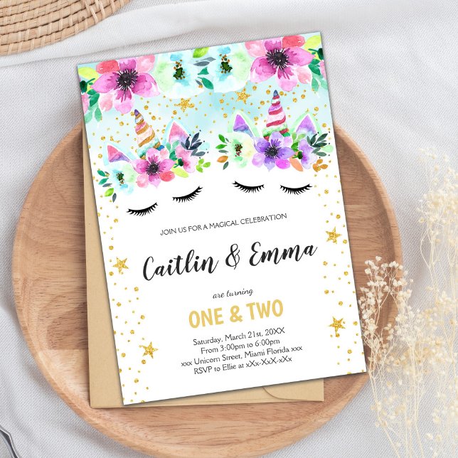 Twin Green Floral Unicorn Invitation Anniversaire (Twin Green Floral Unicorn Invitations)