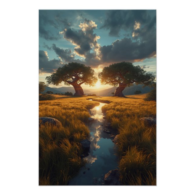 Twin Guardians – Golden Meadow Sunset Poster (Devant)