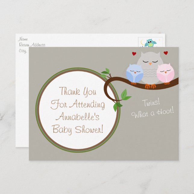 Twin Owls Boy & Girl Merci Carte postale (Devant / Derrière)