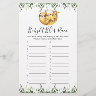 Twin Sloths Baby shower ABC's Race Game