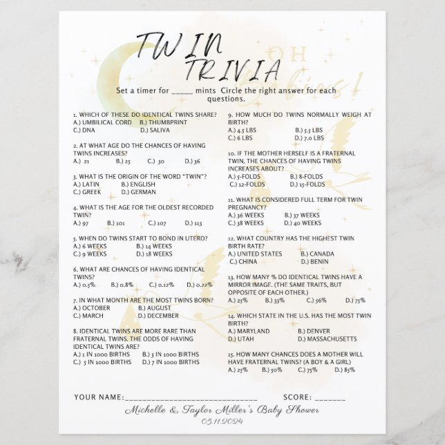 Twin Trivia Jeu, Oh Babies Neutral Twin Stores (Devant)