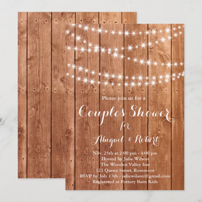 Twinkle Lights Couple's Shower Invitation - chêne (Devant / Derrière)