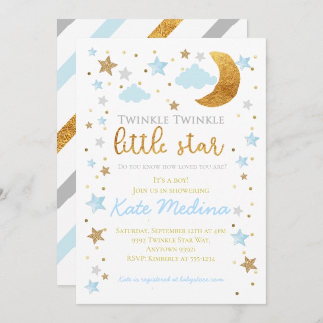 Twinkle Little Star Baby shower Invitation garçon  (Devant / Derrière)
