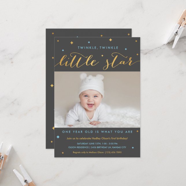 Twinkle Little Star First Birthday Invitation Boy (Devant/Arrière en situation)