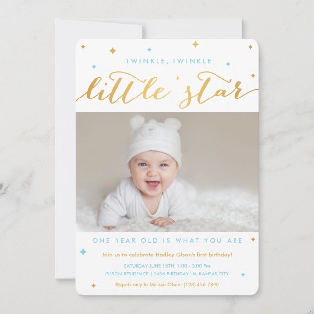 Twinkle Little Star First Birthday Invitation Boy (Devant)