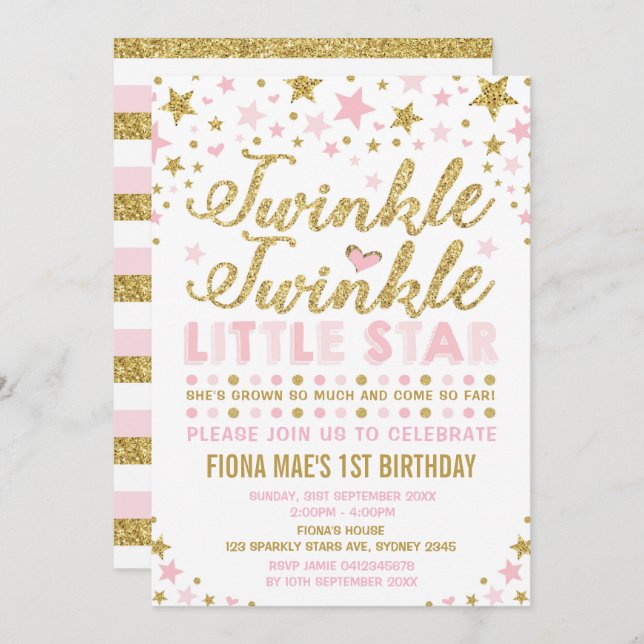 Twinkle Little Star Rose & Gold Invitation d'anniv (Devant / Derrière)