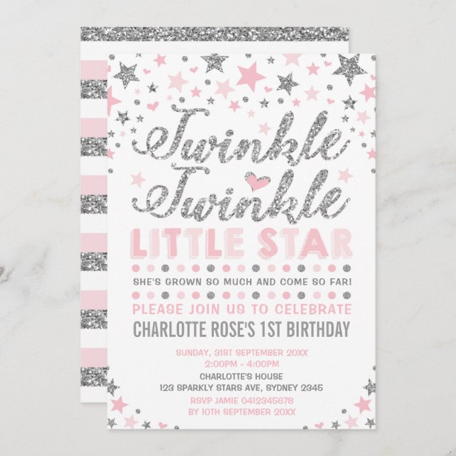 Twinkle Little Star Rose Silver Invitation d'anniv (Devant / Derrière)