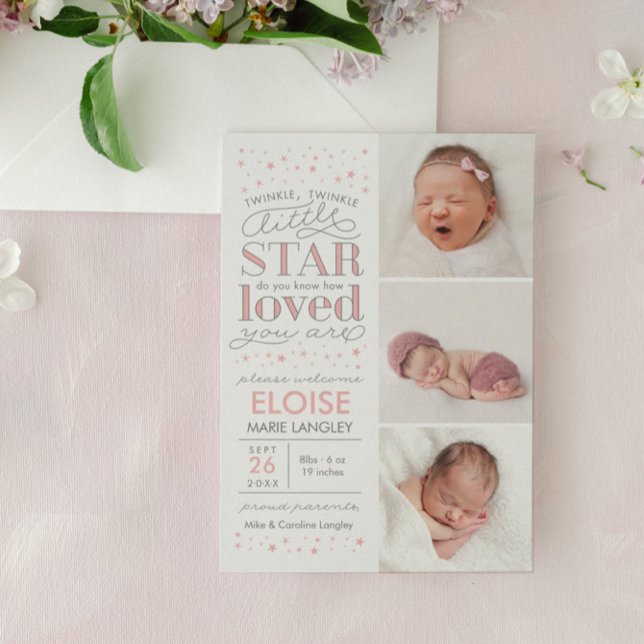 Twinkle Multi Photo Baby Girl Faire-part de naissa (little girl birth announcement)