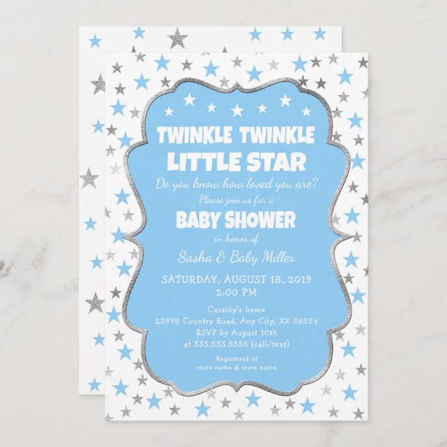 Twinkle Star Baby shower bleu argent invitations (Devant / Derrière)