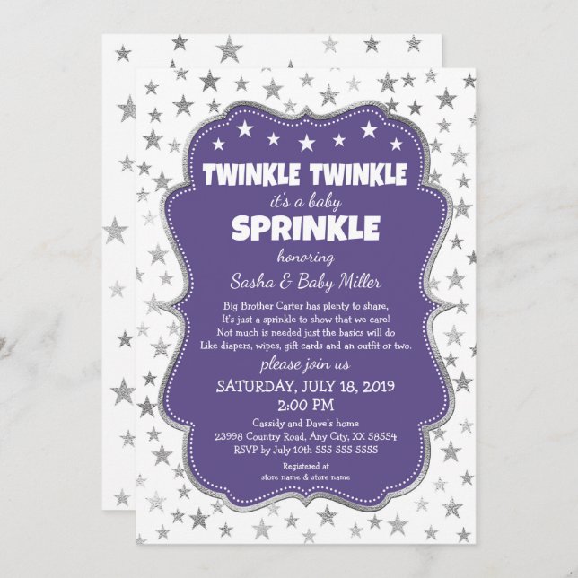 Twinkle Twinkle Baby Sprinkle violet invitations (Devant / Derrière)