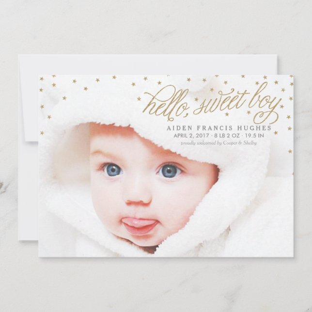 Twinkly Gold Stars Baby Boy Faire-part de naissanc (Devant)