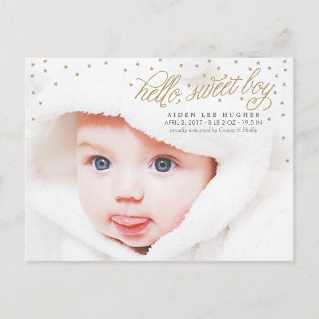 Twinkly Gold Stars Baby Boy Faire-part de naissanc (Devant)
