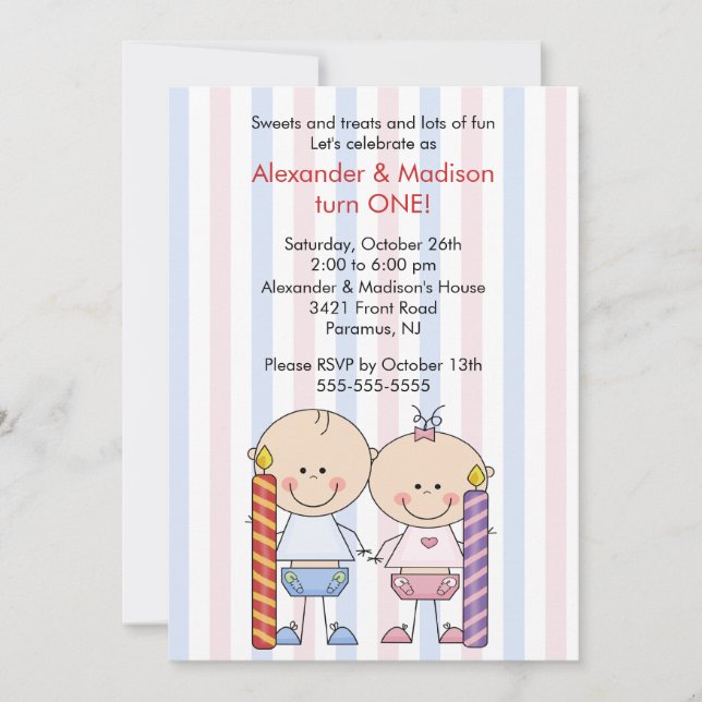 Twins 1er Anniversaire Invitation Girl & Boy (Devant)