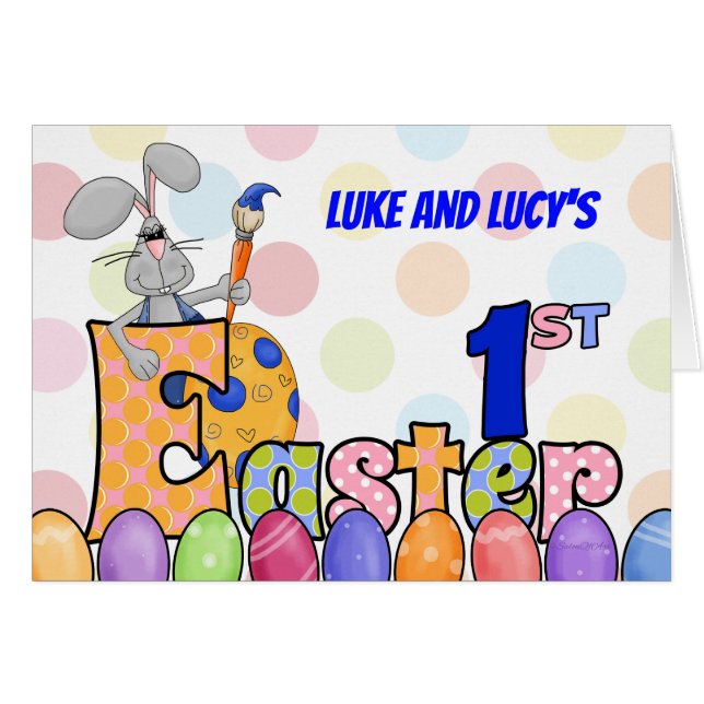 Twins Babies Noms 1ère Peinture Bunny de Pâques (Devant horizontal)