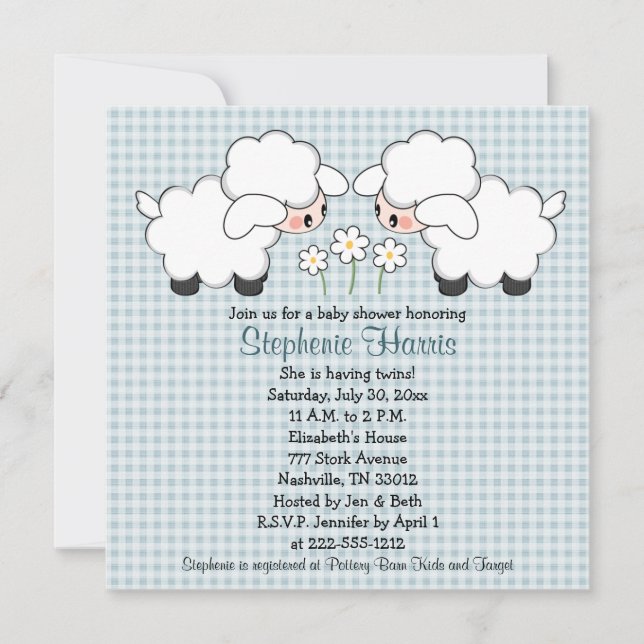 Twins Baby Lambs Baby Shower Invitations Garçons (Devant)