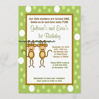 TWINS Baby Monkey 5x7 1er anniversaire Invitation