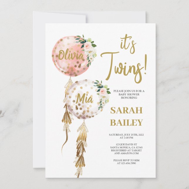 Twins Baby shower Invitation Girls (Devant)
