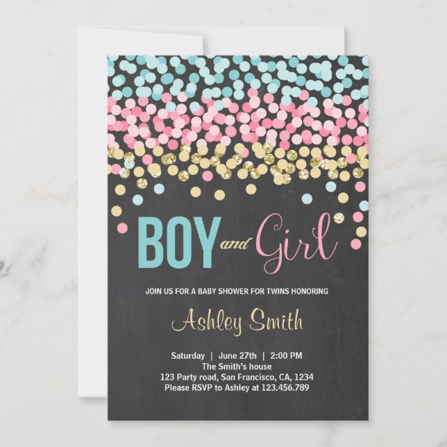 Twins Baby shower Invitation rose bleu garçon fill (Devant)