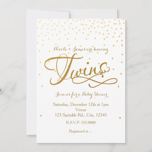 TWINS Baby shower Unisex White & Gold Invitation (Devant)